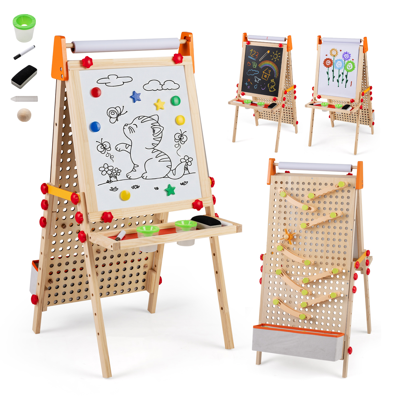 Image of 4-in-1 Wooden Kids Desks For Christmas And Halloween, Double-sided Chalkboard And Magnetic Whiteboard With Paper Roll, Foldable Adjustable Drawing Station With Additions