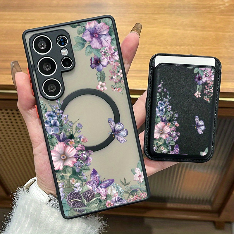 TEMU Phone Case: 2pcs Set Creative Purple Flower & Pattern Magnetic Phone Case & Fashionable Luxury Artificial Leather Magnetic Property