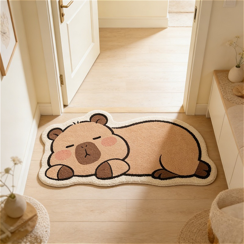TEMU 2d Flat Cute Capybara Plush Rug-cartoon Sleeping Capybara Shaped Floor Mat, Brown Irregular Non-slip Washable Area Rug For Bedroom Bedside,