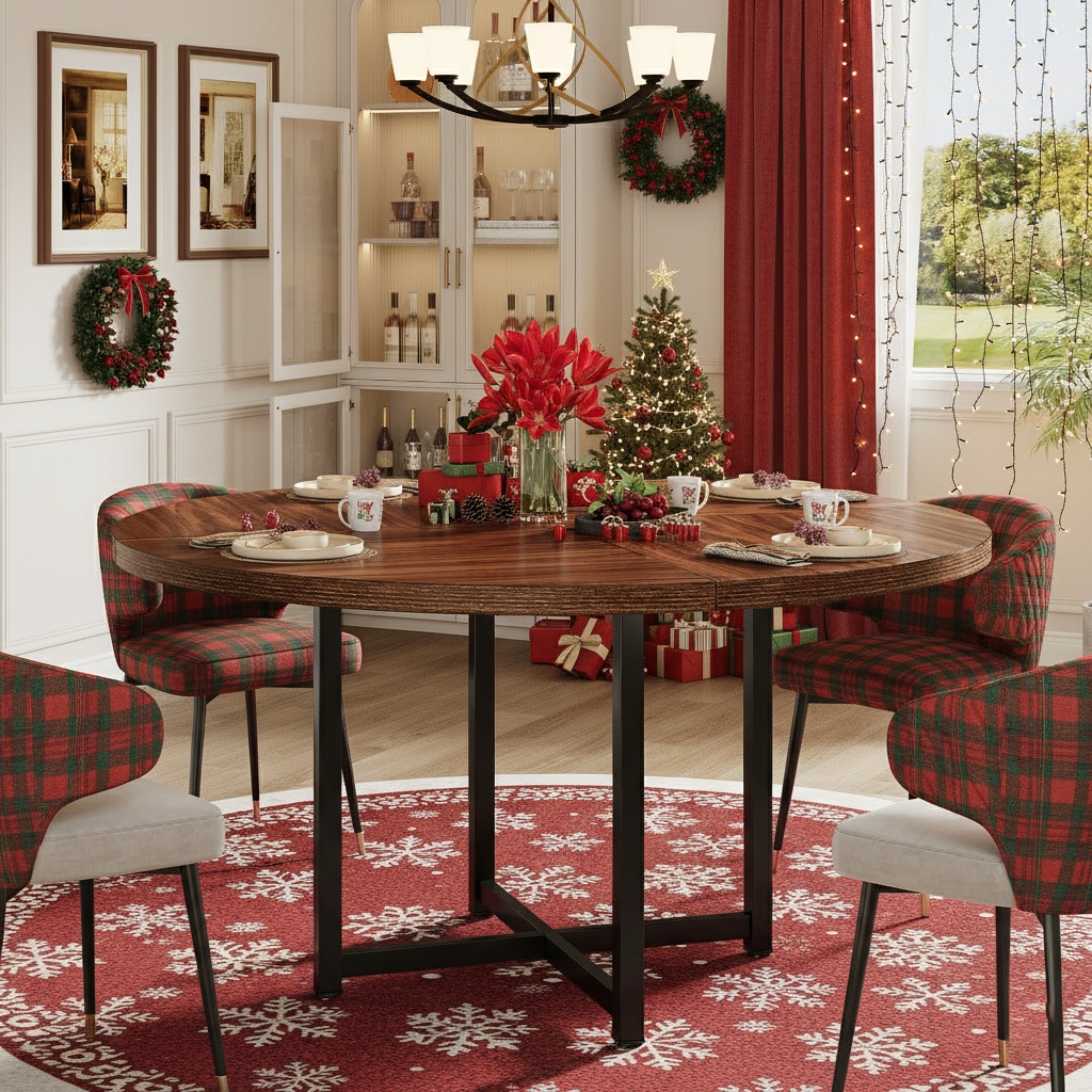 120cm Circle Kitchen Table For 4-6, Modern Round Dining Table With Cross Metal Legs, Perfect For Festive Christmas (only Table)(1pc)