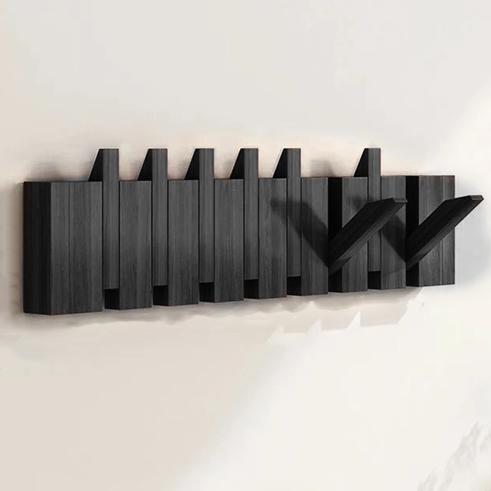 Wall-mounted Bamboo Coat Hooks That Flip Down. Sturdy Coat Hooks Suitable For Hanging Coats, Keys, Hats, Robes, And Towels (8 Hooks, Walnut End)