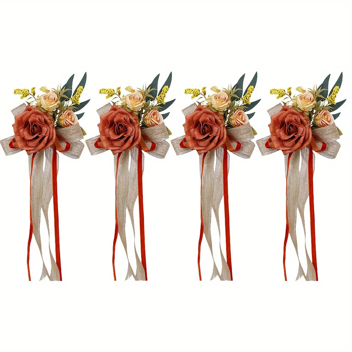 4pcs Glam Wedding Pew Flowers- Artificial Aisle Decor With Chiffon Ribbons- Elegant Chair Flowers For Ceremony& Reception- Outdoor Party Decor(white/pink/red)