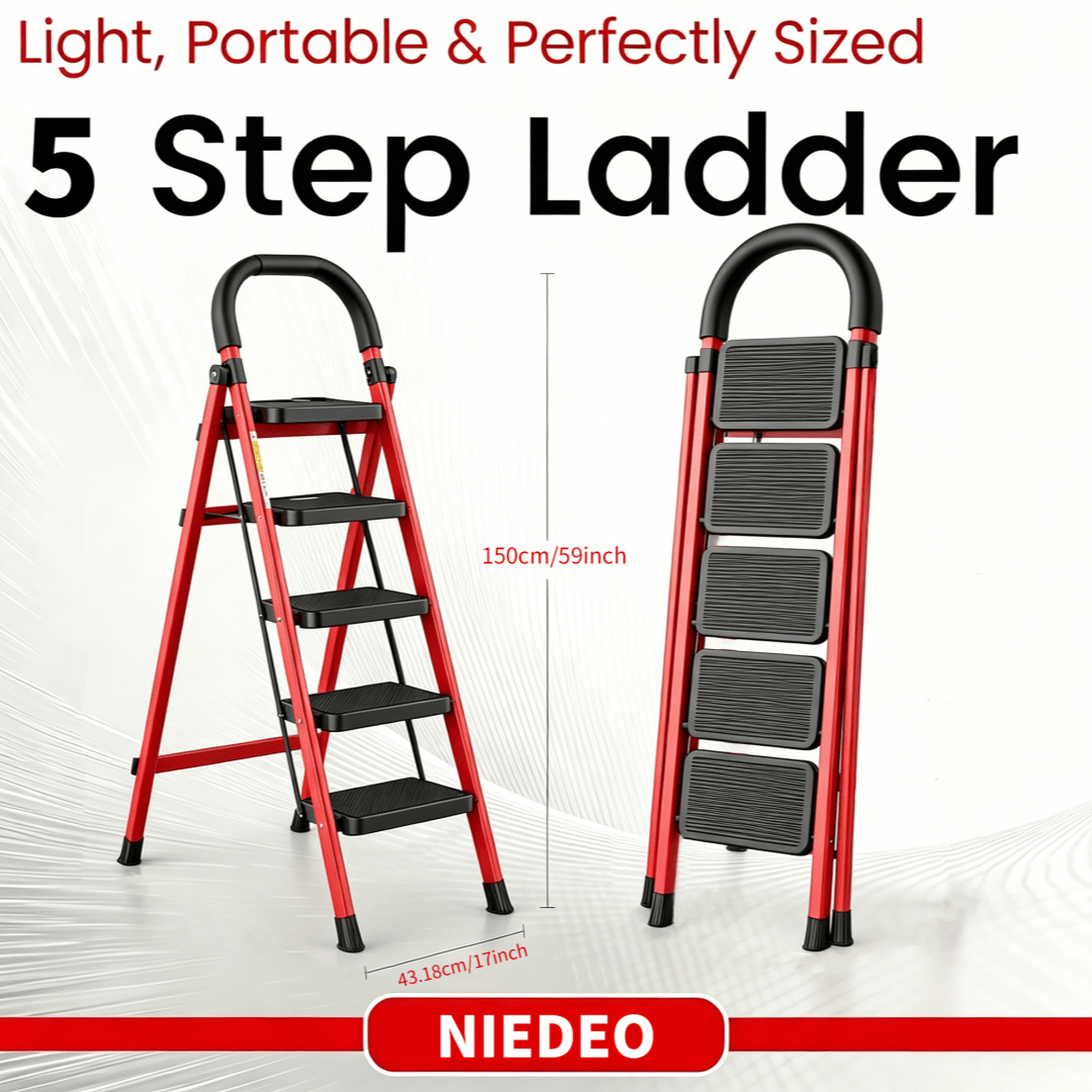 Image of 500 Lbs Heavy Duty Folding Ladder In 3 & , Non-slip Textured Pedals & Secure Safety Handrails, Compact Lightweight Portable Household Ladder For Home Office Storage Tasks, Red And Black