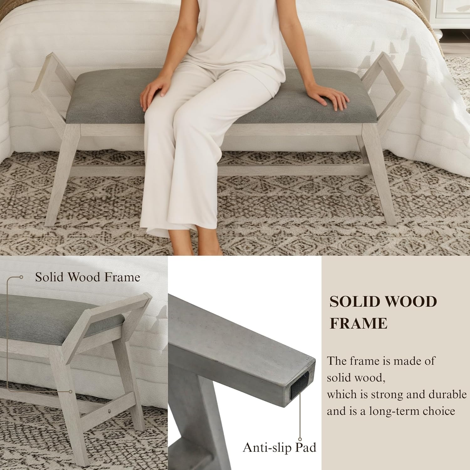 1pc 51Inch End of Bed Bench | Solid Wood Frame, Fabric Upholstered Ottoman Bench for Entryway, Bedroom, Hallway, Living Room, Modern Style