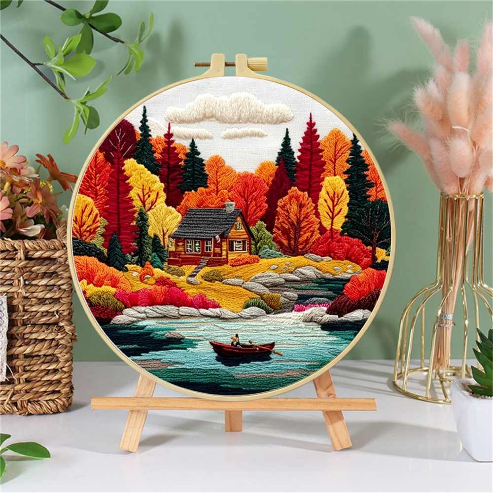 Embroidery Kit, Autumn Lakeside Cabin Design