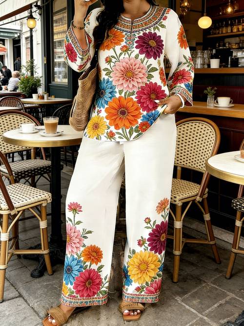 womens stylish long sleeve and long pants 2pcs set spring summer neck long sleeve shirt with printed elastic waistband pants 2pcs set machine washable elegant and comfortable suitable for commuting and d