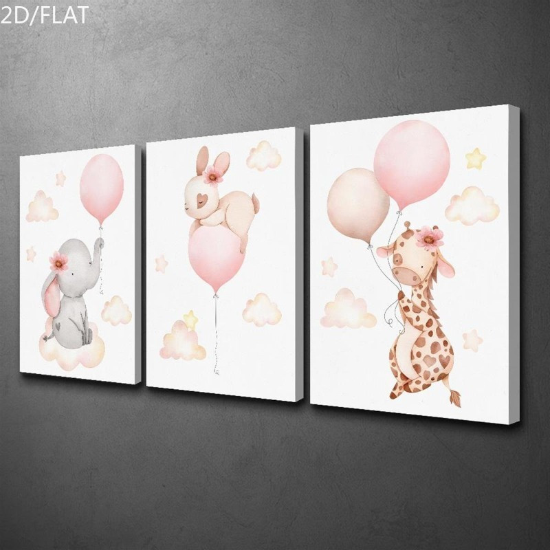 TEMU 2d Flat, 2d/flat 3pcs Canvas Print Art Set, Elephant, Rabbit, Giraffe, Minimalist, Animals With Balloons, Pink Nursery Decor, Indoor Home Wall