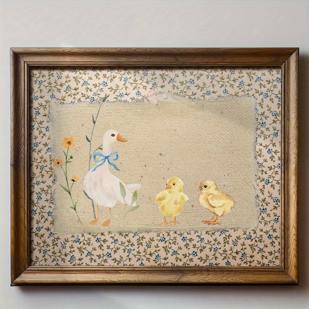 TEMU Affiche 2D Plate, 2D Plate, 1pc Vintage de Ferme avec une Canard Mère et Ses Canetons, de Papillons Floraux sur un Fond Floral Doux Beige et