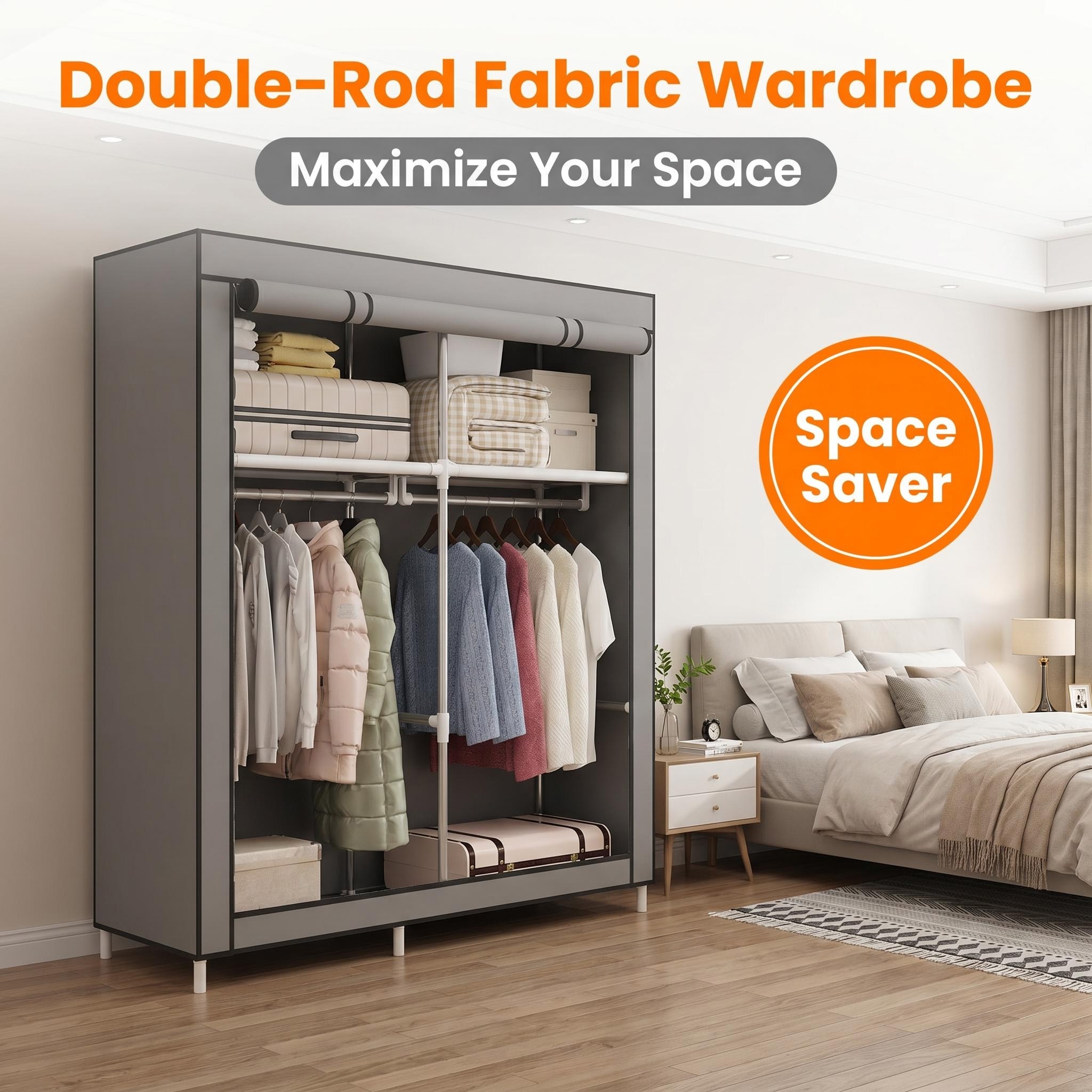 TEMU Gray Double Rod Fabric Closet, Freestanding Portable Wardrobe With Full Enclosed Dustproof Cover, Clothing Storage Organizer For Apartment Dorm