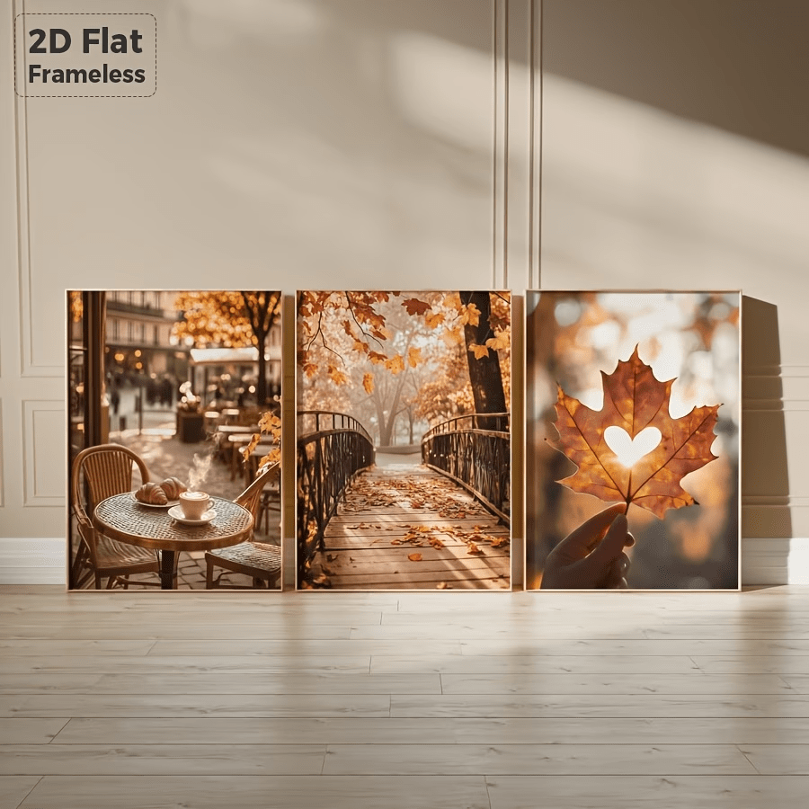 TEMU 2d Flat, 2d Frameless Poster, 3pcs Of Warm- Autumn Canvas Wall Art, Paris Café Wooden Bridge Heart-shaped Maple Leaf Autumn Scenery Print, Cozy