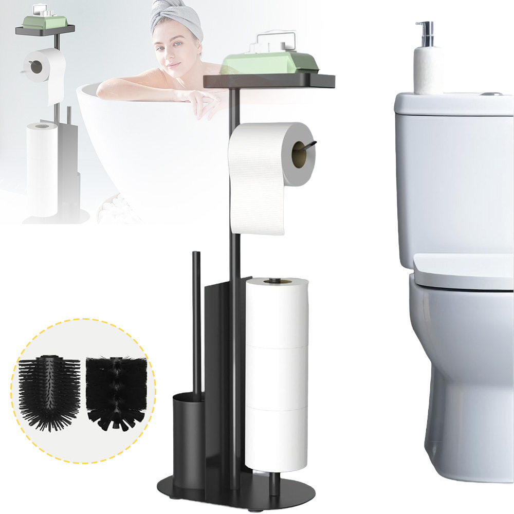 Image of Toilet Roll Holder With Toilet Brush, Black Stainless Steel Free-standing Toilet Roll Holder With Top Shelf, Bathroom Toilet Paper Dispenser