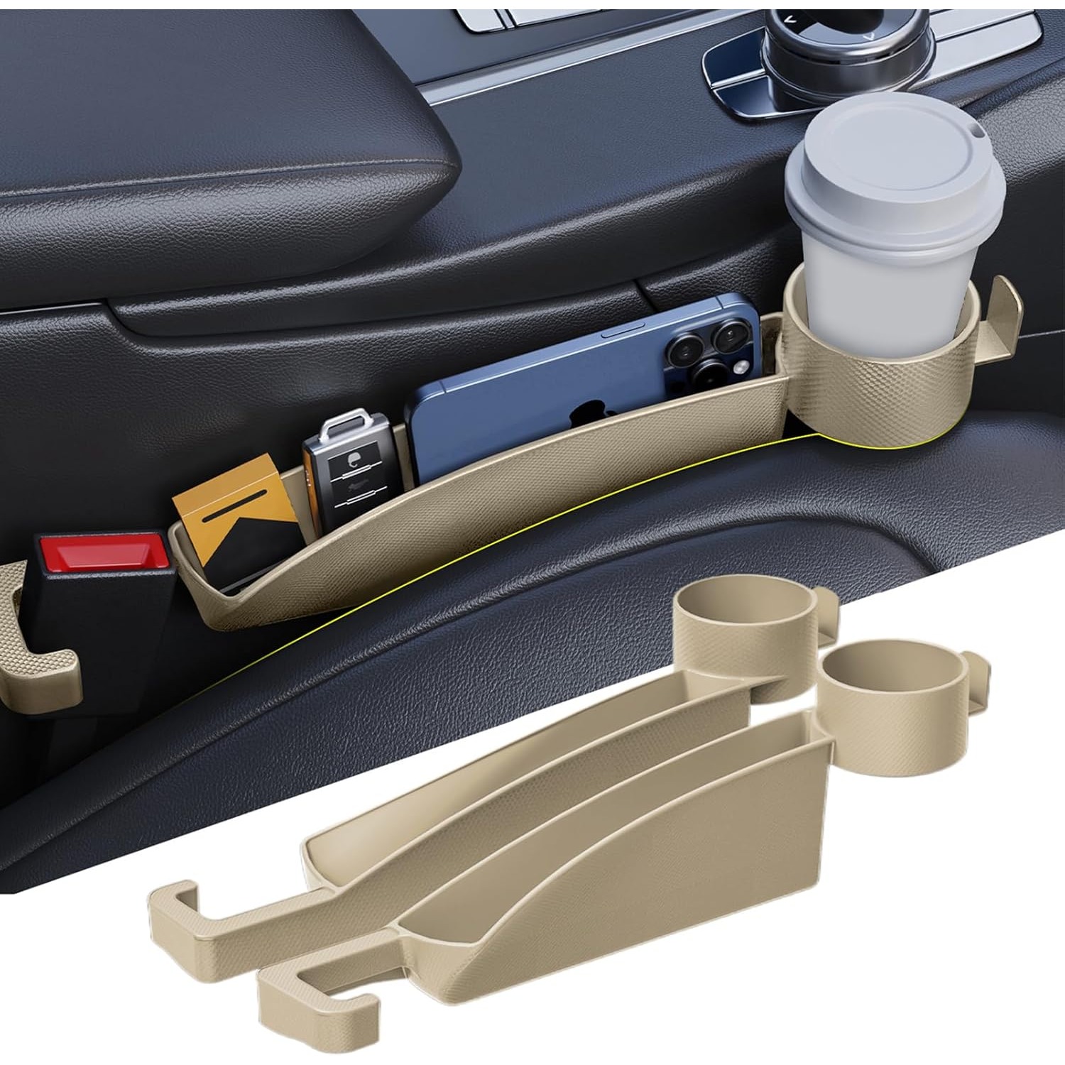 Car Seat Filler Set Of 2, Upgraded Car Side Seat Fillers With Organizer, Cup Holder & Hook Function, Inserts Between Front Seats Console Catcher 4in1 Stopper Fill Plug Storage Box (black)