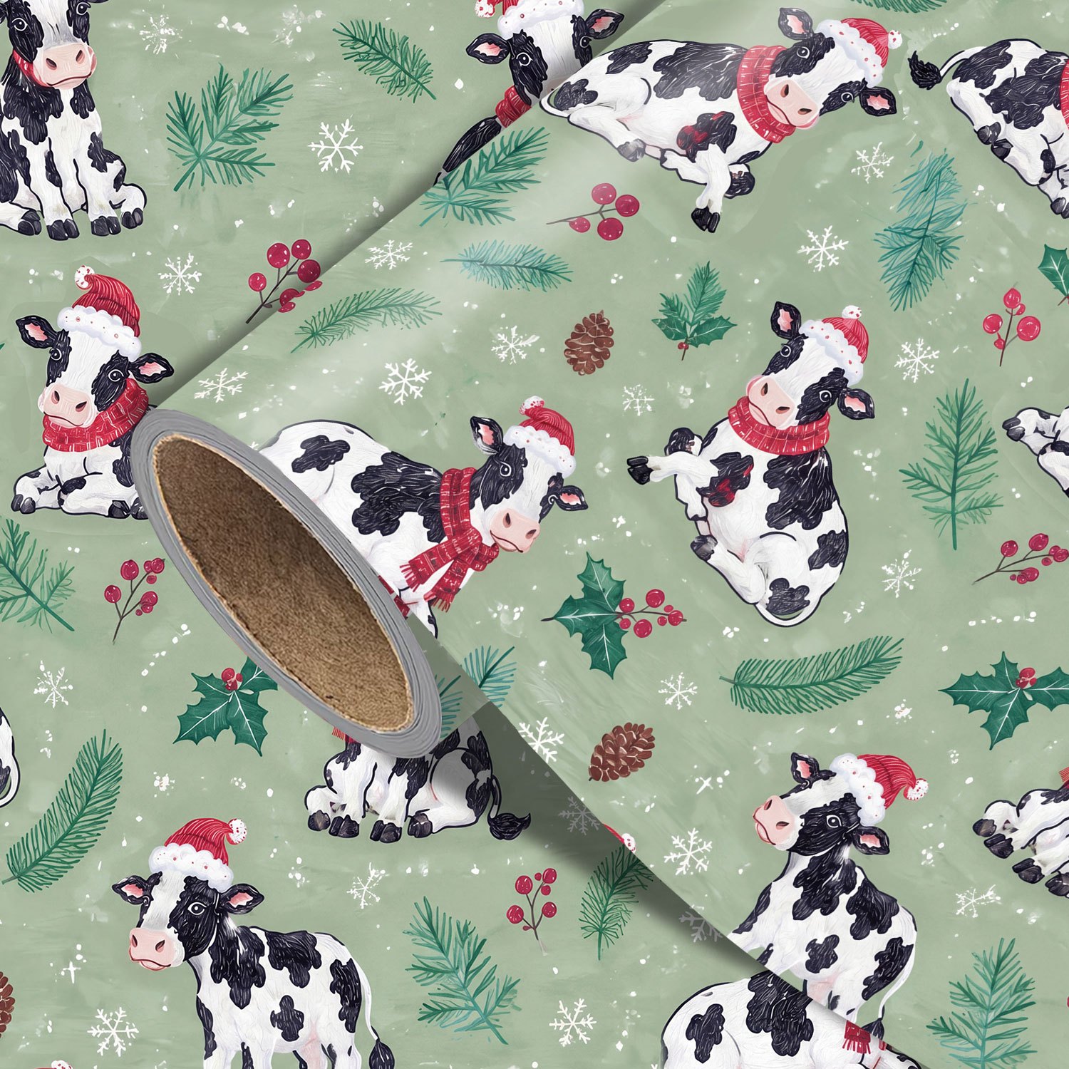 TEMU Rouleau de papier cadeau de Noël à imprimé vache, 17,7 po x 118 po, joli emballage cadeau de Noël avec vache mignonne, bonnet du Père Noël, houx