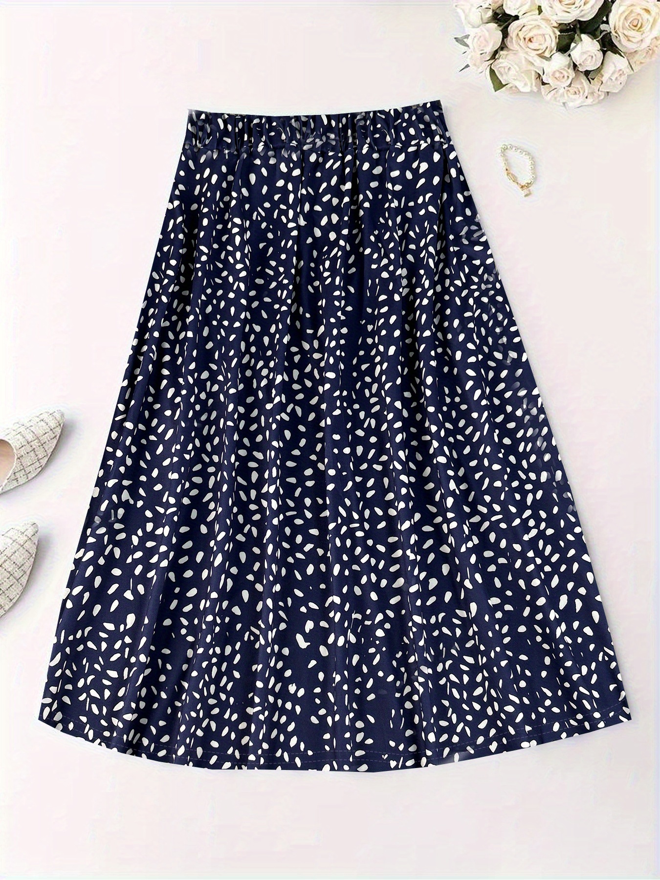 Pleated Skirt Navy Blue Polka Dot Skirt Plus Size Women's Plus
