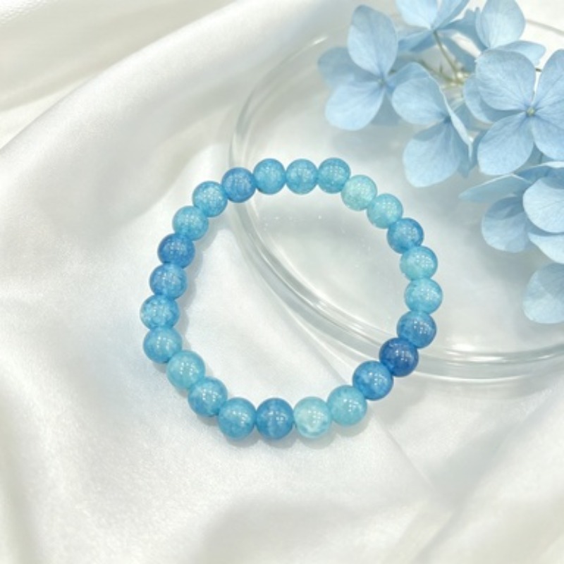 Ice-Clear Sea Blue Exploding Flower Round Bead Bracelet, Unisex Gift