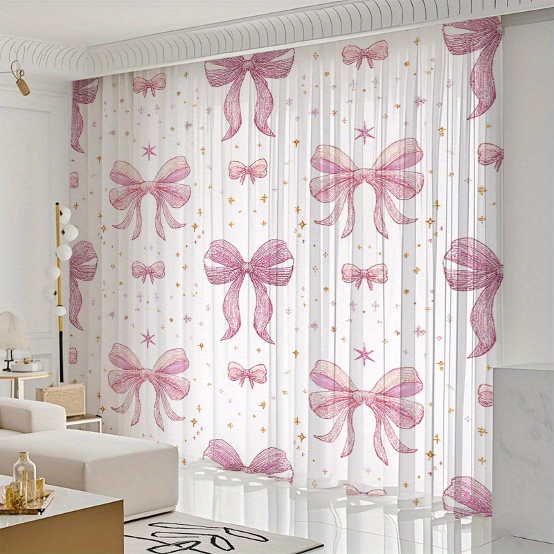 TEMU 2pcs Sweet-style Transparent Curtains With Pink Bow Pattern - Light, Protects Privacy, Features Rod--season , Multi-functional Home Decor,