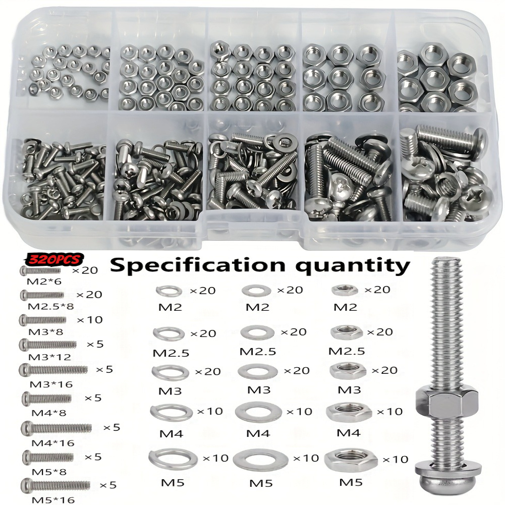320 640pcs M2 M2 5 M3 M4 M5 Hex Screw Nuts And Bolts Assortment Kit Carbon Steel Locking Nuts Compact Storage Case For Easy