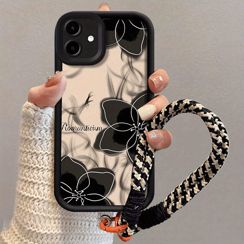 TEMU Phone Case - Stylish Black Floral Phone Covers For The For Galaxy A06, Featuring A Lanyard Design Suitable For Everyone. Durable Tpu Cases Come
