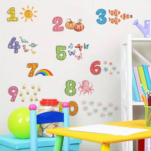 imagen del artículo 1 pieza de pegatinas de pared de números del 1 al 10, con patrones de animales, y flores, decoraciones autoadhesivas y removibles para el hogar, adecuadas para calcomanías de pared de guardería y habitación infantil, de pared temático y decoraciones divertidas para de