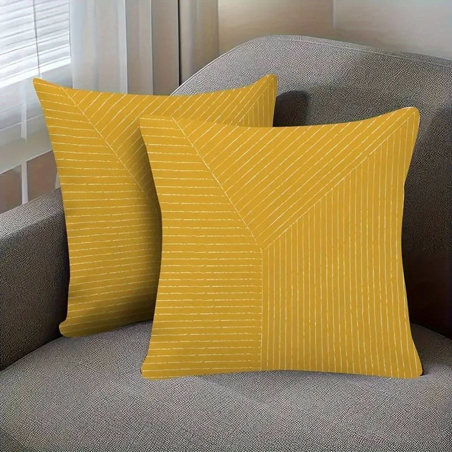 TEMU 2pcs Mustard-yellow & Mustard-golden Abstract Modern Decorative Throw Pillow Covers - Chevron Pattern Cushion Cases With Zipper Closure,