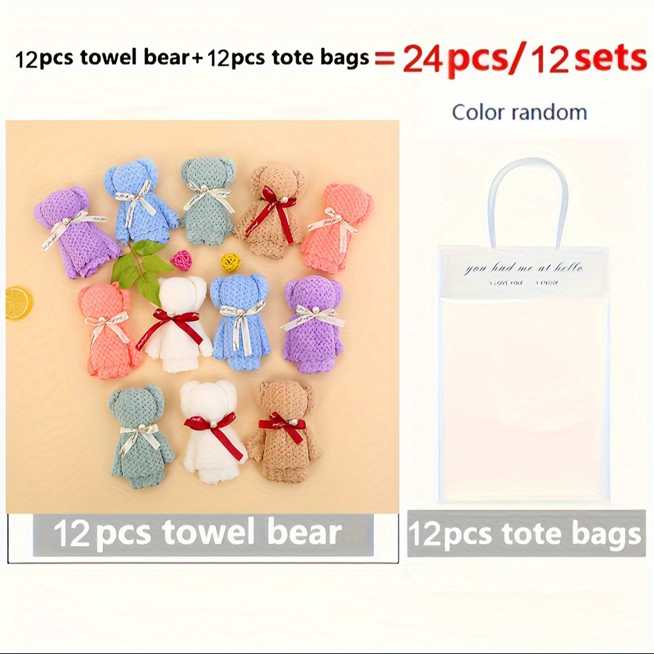 TEMU 24pcs Cute Towel Bear & Tote Gift Set - 12 Adorable Towel & 12 , Soft Wedding Favors Suitable For Birthdays, Showers, Weddings, Christmas, Thanksgiving - Practical Supplies For Guests (12 Each)