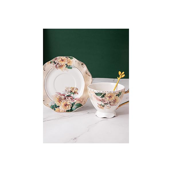 1pc elegant floral tea cup and saucer set - elegant  -pink & golden porcelain   service with matching spoon, large 7oz cup, dishwasher safe - wedding, housewarming, birthday, mother s day gift - vintage tableware for everyday or formal dining - antique orange  ,  , & cadmium-free, ideal for latte, cappuccino, tea, espresso, cups for tea,   bar accessories,  , teacup,   Product details 1
