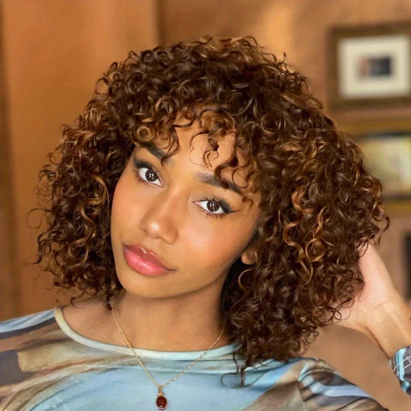 TEMU Short Curly Human Hair Wigs Colored Brazilian Bob Human Hair Wigs For Women Ombre Highlight Deep Wig With Bangs 150%