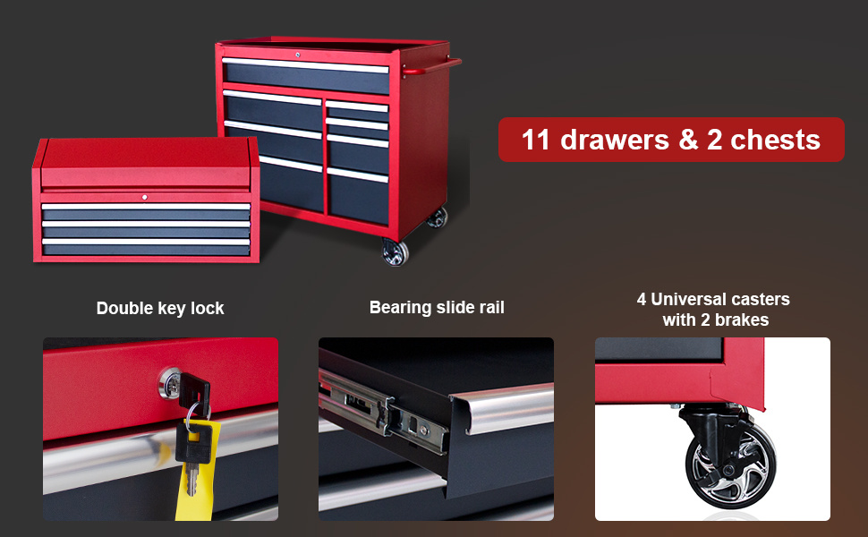w x 24 5   heavy duty rolling tool chests and cabinets combo 20 gauge steel 11 drawer garage workshop tool chest and   cabinet set 11 drawers red black Product details 1