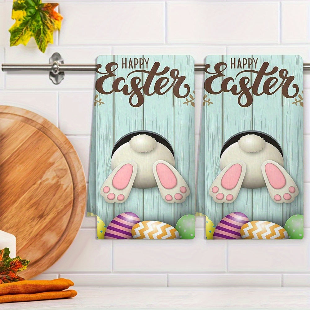 

2pcs Easter Bunny Kitchen Towels - Soft Polyester, Machine Washable, Home & Party Decor