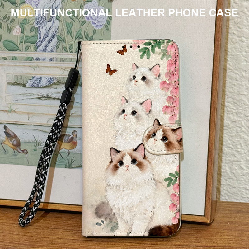 TEMU Phone Case - Cute Cat Pattern Magnetic Buckle Flip Full Protection Anti-fall Phone Case Wallet Cover For Galaxy A22 5g/a21s/a20s/a17/a16/a15
