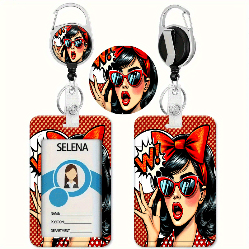 TEMU Porte-cartes vintage à motif imprimé dames à lèvres rouges à rouges avec badge à pince rétractable et lanière - Porte-cartes d'identité et de
