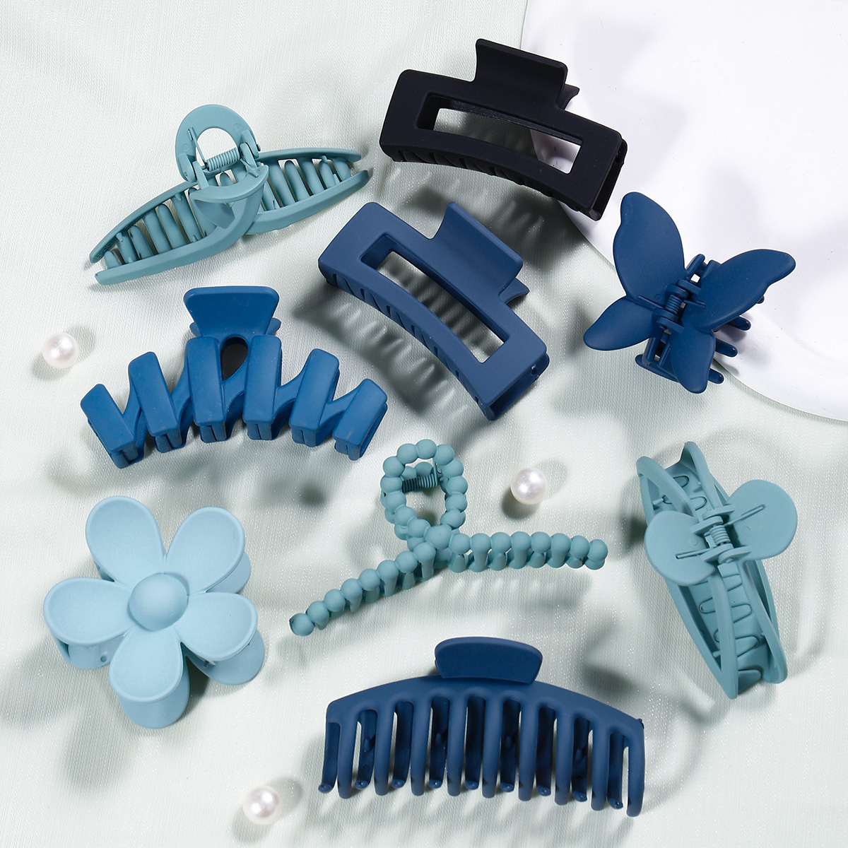 

9pcs Set Blue Plastic Hair Clips, Assorted Designs, Medium Size, Shark Clip, Back Head Plate, High Hair Accessories For Styling