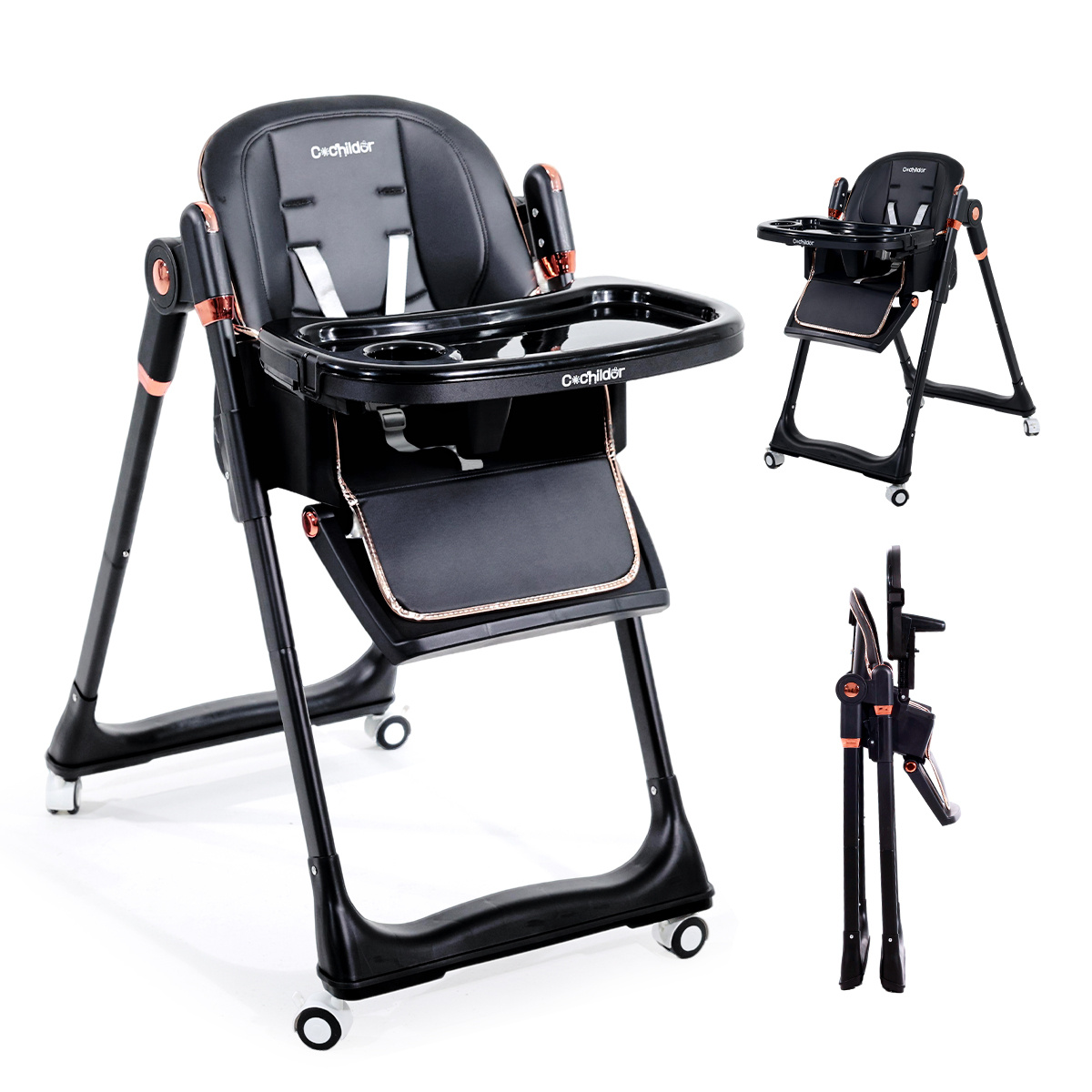 Image of Cochildor Convertible Baby & High Chair | Height-adjustable | Removable Tray | Adjustable Backrest | Lockable Wheels | Portable | Age 6 Months–3 Years | 15kg | (////grey)