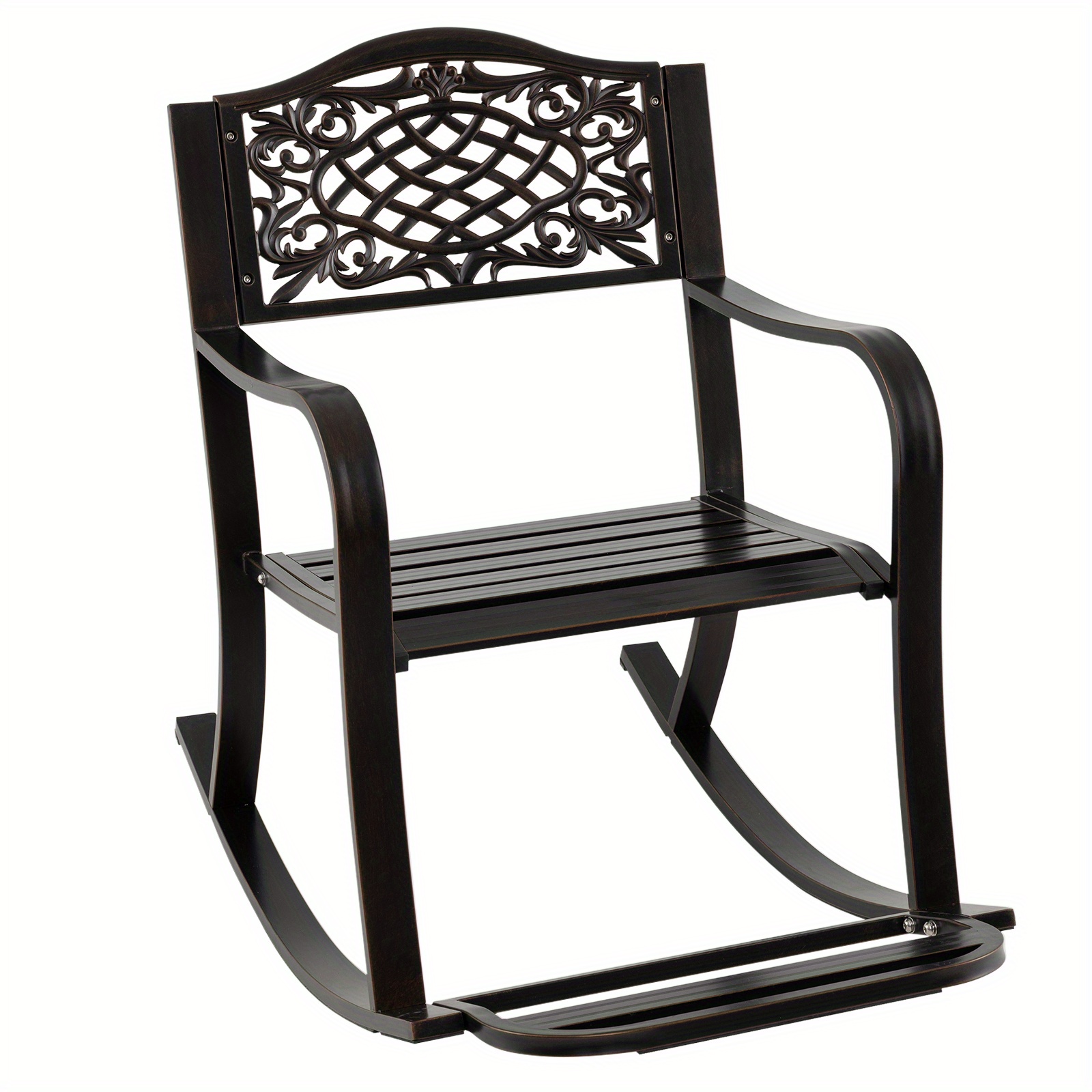 Patio Rocking Chair, Outdoor Cast Aluminum Rocker W/ Footrest, Backrest & Curved Armrests