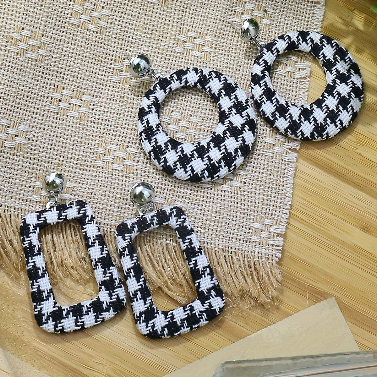 TEMU European And Simple Woven Fabric Pendant Earrings Stud Earrings Black Matching Earring Set