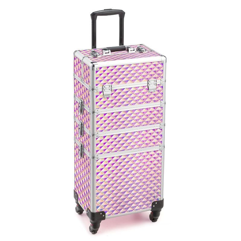 TEMU Omysalon 4-in-1 Professional Makeup Train Case On Wheels - Lockable Aluminum Cosmetic Trolley W/4 Removable Wheel Suitcase, Artist Organizer For