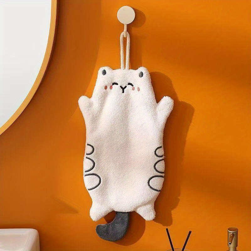1pc New Cute Cat Shape Coral Velvet Hand Towel Kitchen Hanging Towel Suitable For Kitchen And Bathroom And Other Multi-scene Cartoon Double-layer Thickened, Hangable And Machine Washable