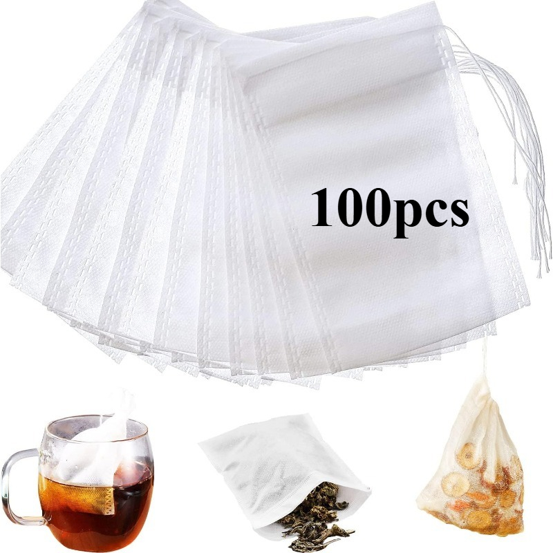 TEMU 100 piezas de bolsas filtradoras de té reutilizables con cierre de cordón - Malla no tejida para hojas de té sueltas, especias, hierbas, baño y