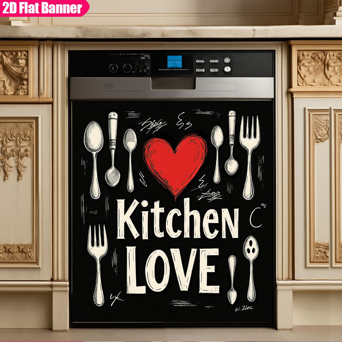 TEMU Dishwasher Door Cover- Design With Heart And Utensils, Pvc Sticker For Front Panel, , Durable And Stylish Kitchen Decor, Appliance Decoration, Design
