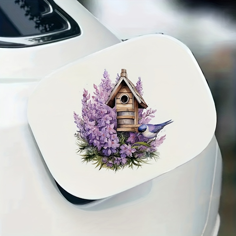 6 inch birdhouse themed vinyl sticker self   glossy cartoon design with purple flowers and blue   suitable for cars laptops trucks motorcycles walls and smooth    