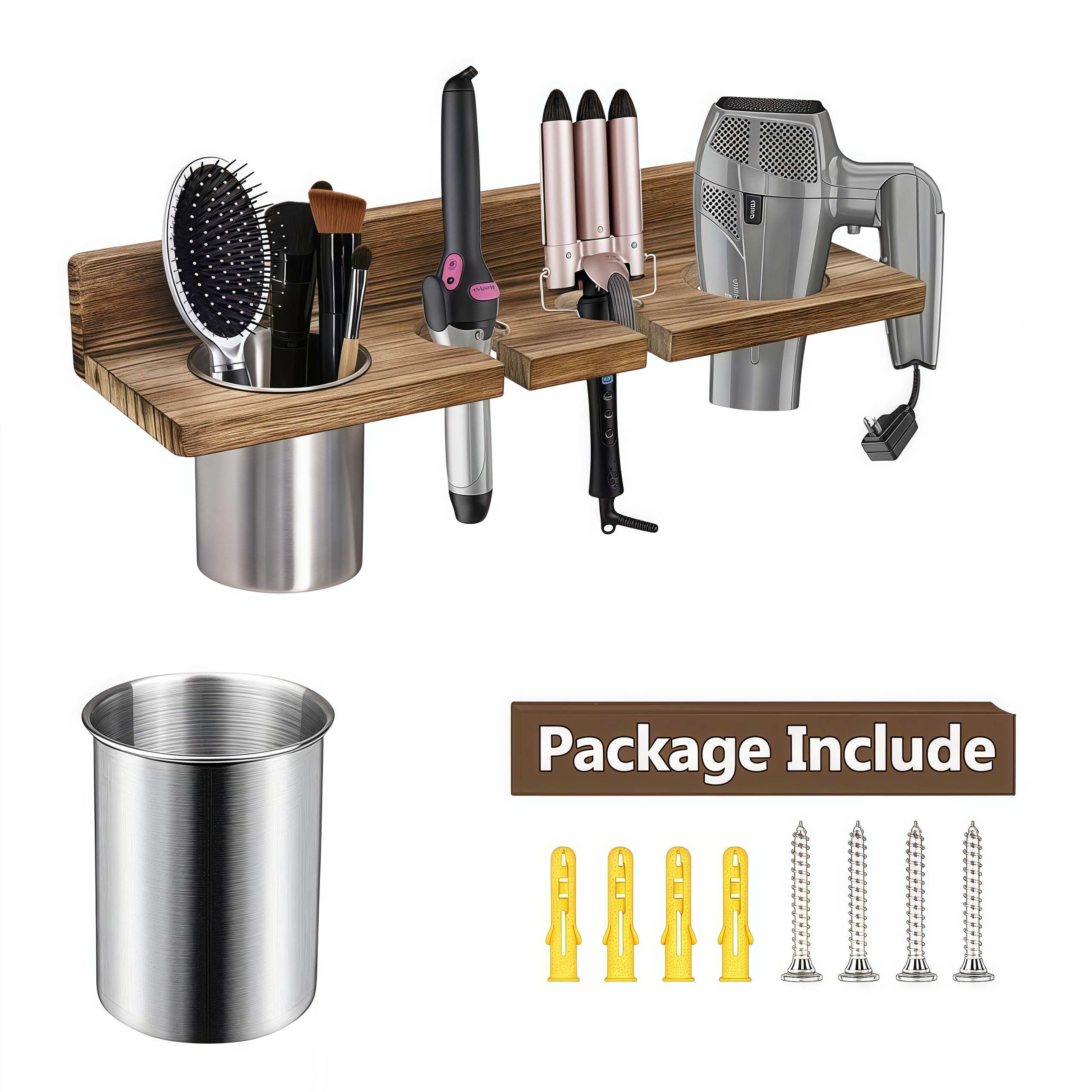 Image of Wall Mounted Wooden Hair Tool Organizer, Multi-functional Storage Rack For Hair Dryer, Curling Iron, Hair Straightener, Brushes, For Bathroom Salon Home Use, Rustic Stylish Practical Design, Shelves