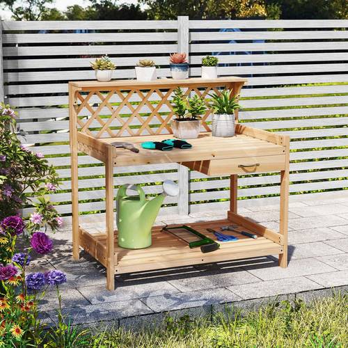 wooden planting workstation with removable drawer lattice trellis top lower shelves garden potting bench table for lawn backyard and balcony