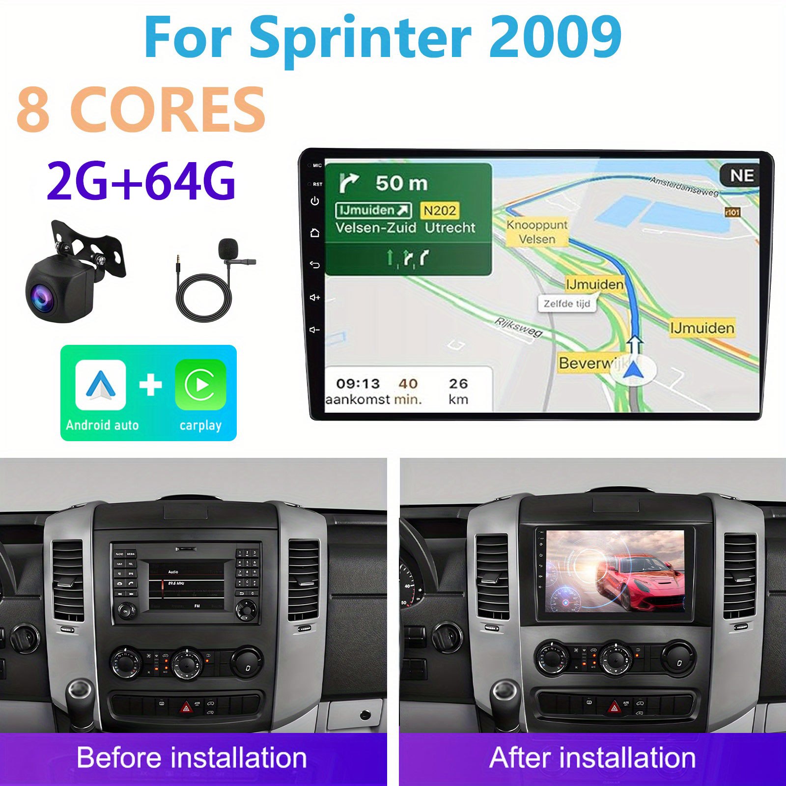 2g+64g Carplay For Sprinter 2009, Car .1 Inch 8 Cores Touch Screen Auto Gps Navigation Dsp B/ T Fm Wifi Backup Camera Mic, Car Dvd Player
