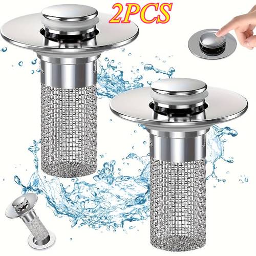 photo de l'article lot de 2 bouchons de vidange escamotables, attrape-cheveux, filtre de vidange -obstruction, panier amovible, universel, convient pour baignoire/ /lavabo, cache de vidange de salle de bain, pièce de rechange, facile à nettoyer, produits chimiques, à pousser et à relever