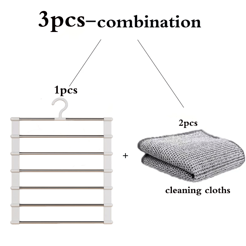 TEMU 3pcs Set (1pc Trouser Hanger And 2pcs Cloths) Heavy-duty Foldable Trouser Rack - Space- Stainless Steel Wardrobe Organizer, With Anti-slip And