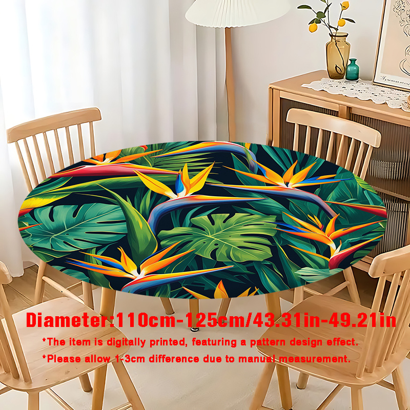 TEMU 1pc 2d Flat Printing Tropical Floral Pattern Round Elastic Tablecloth Suitable For Round Dining Tables, Made Of Polyester, Ideal For Parties,