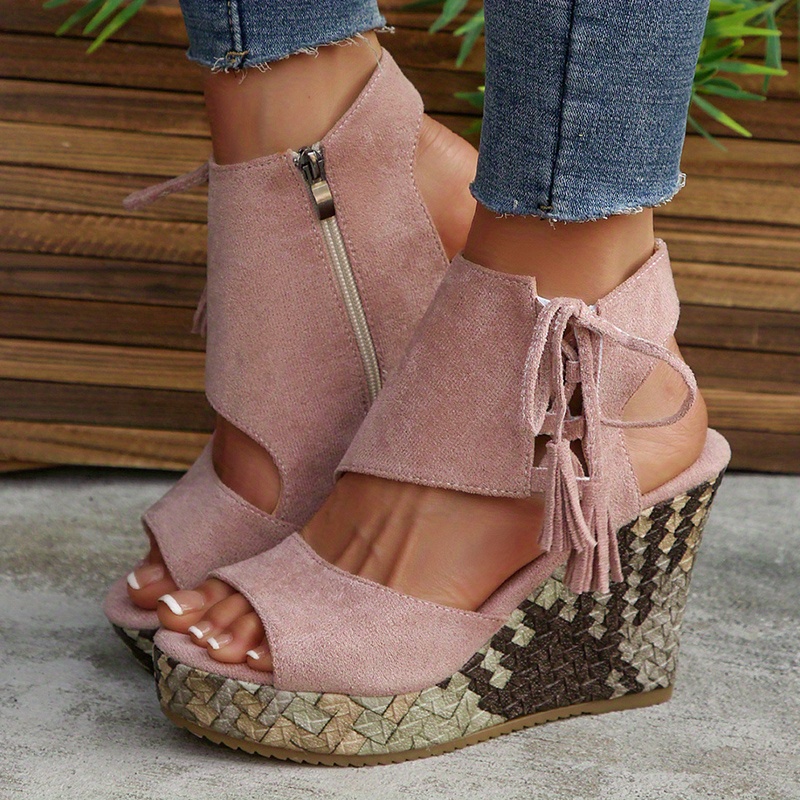 womens platform wedge sandals side zipper soft pink fabric Temu