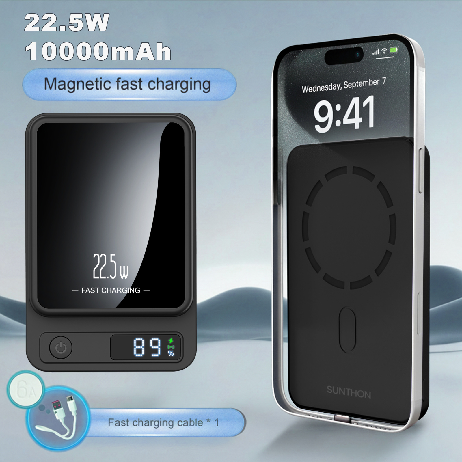 TEMU Magnetic Wireless Charging Power Bank, 10000/5000mah Portable Wireless Charger, 22. 5w/pd20w Fast Charging Battery Pack, With Display, 2 Outputs