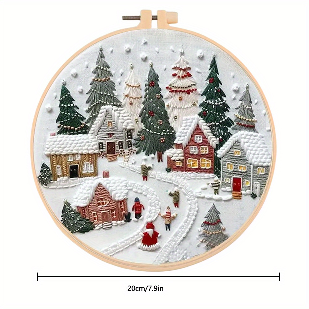 Image of 1pc Round Embroidery Kit House Tree Embroidery Supplies Diy Embroidery Landscape Handmade Needlework Christmas Home Decoration