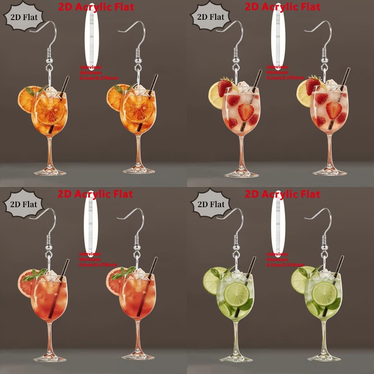 TEMU 2D Flat - 4 di Orecchini Acrilici a Forma di Bicchiere da Highball per Freddo, Stile Drink Estivo - Ispirati ai , Regalo da Spiaggia